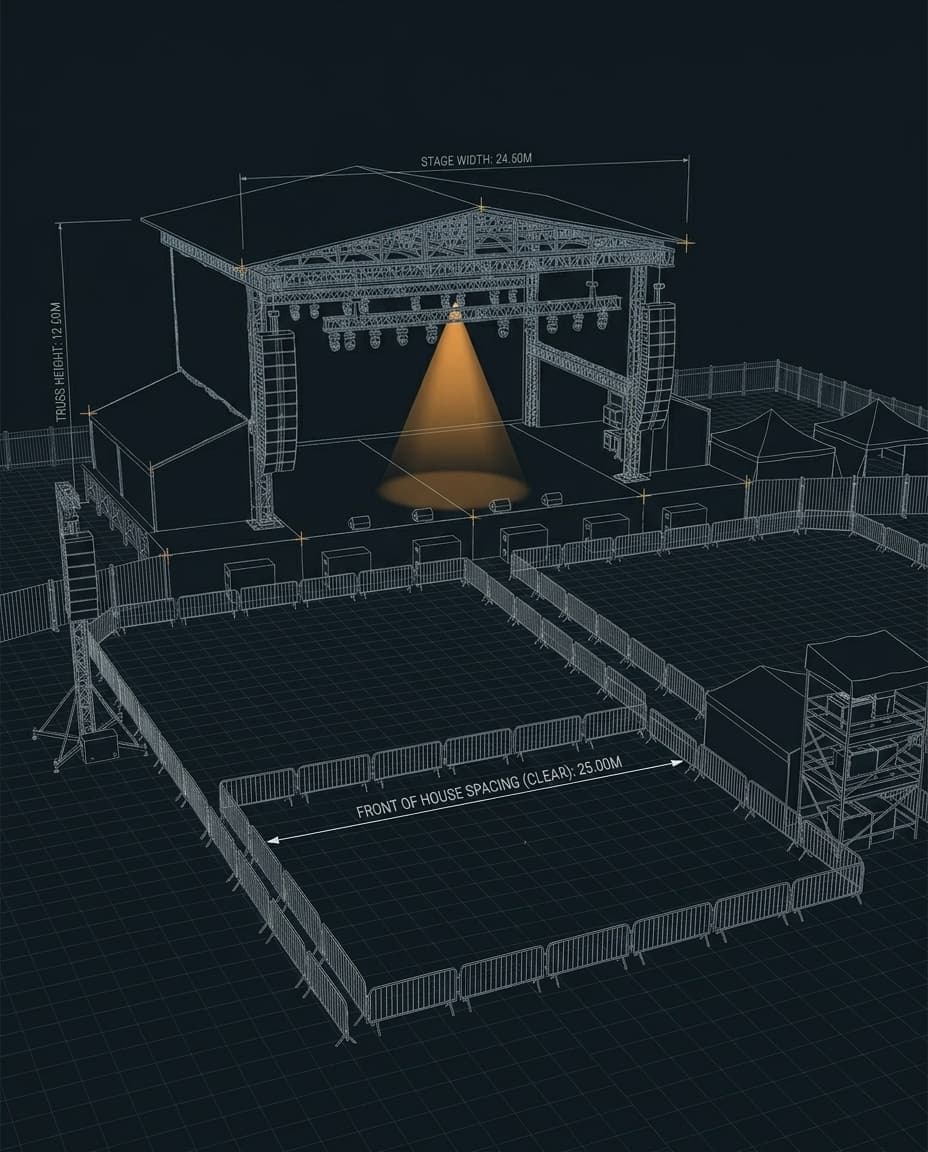 Axonometrische Blueprint-Zeichnung einer Veranstaltungsbühne mit Truss, Line-Array und Absperrung — Amber-Scheinwerfer auf der fertigen Bühne
