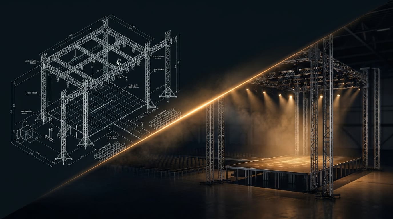 Veranstaltungsbühne — halb Blueprint-Drahtgitter, halb fertig gerendert mit Amber-Scheinwerfern